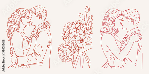 Line art illustration depicting romantic couples and a floral bouquet