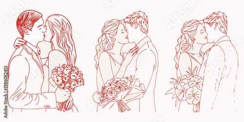 Line art illustration depicts four couples in intimate embraces