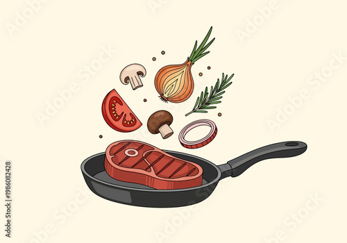 Grilled Beef Steak and Fresh Ingredients in Frying Pan Illustration - Culinary Concept Art with Vegetables and Herbs