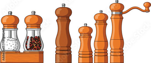 Salt and Pepper Grinder Set Illustration with Wooden Mills Glass Shakers and Manual Grinder for Kitchen Cooking and Spice Seasoning Design Collection