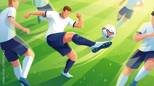 Soccer players in action kicking ball.