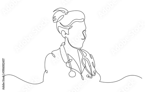 vector illustration of a doctor simple continuous one line drawing. One continuous line Female character professional doctor therapist with stethoscope uniform.