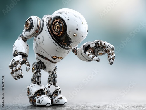 Humanoid robot pointing forward in a futuristic environment  