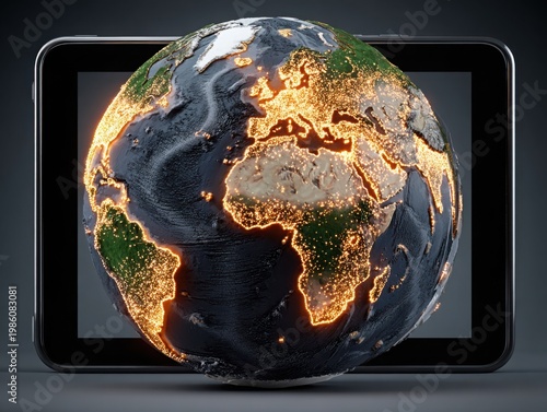 Globe displayed on tablet with glowing continents and ocean details  