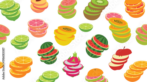 Stacked Fruit Slice Vector Pattern with Citrus, Watermelon, Dragon Fruit, Apple, Kiwi, and Papaya for Fresh Food Design, Summer Backgrounds, and Healthy Lifestyle