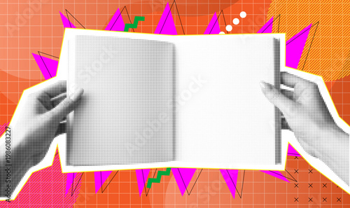 Retro Style Banner Book Template with Halftone Hands and Geometric Shapes on Orange Grid Background
