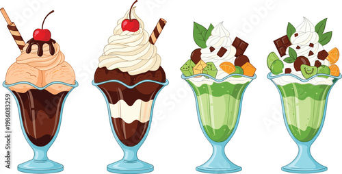 Ice Cream Sundae Dessert Glass Illustration Set with Chocolate Vanilla and Fruit Parfait Variations for Sweet Food Menu and Cafe Design Collection