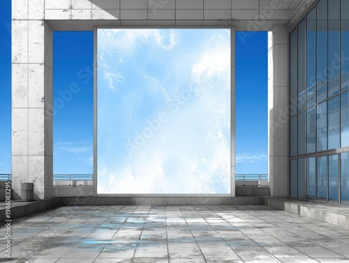 Empty modern terrace with large window overlooking blue sky  