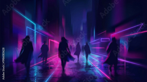 People walking in neon lit street.