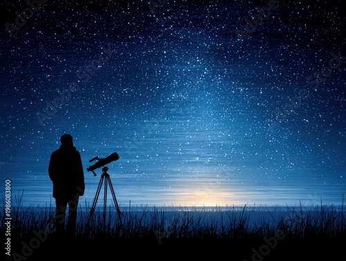 Man observing stars with telescope at night under clear sky  