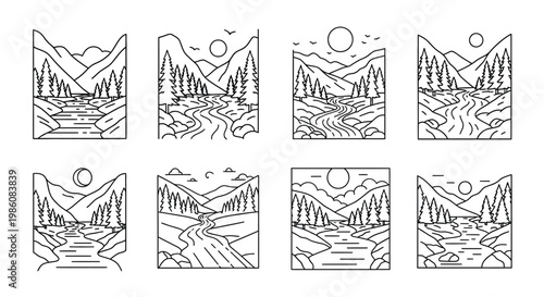 Minimalist landscape scenes with rivers mountains trees and suns in a grid pattern