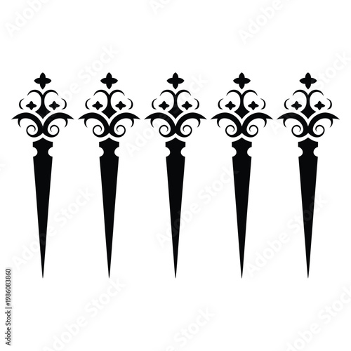 Ornate decorative element with five ornate pointed finials and detailed floral scrollwork in black for design accents.