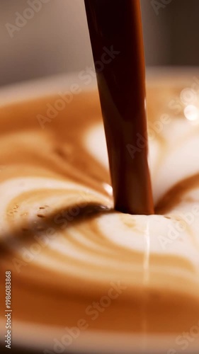 Chocolate or cappuccino Liquid Pouring in Slow Motion Macro Close Up.