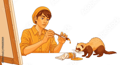 Artist painting while curious ferret approaches spilled yellow paint