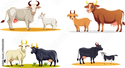Sacrificial Animals Idul Adha Multiple Pose Vector Set – Cow and Goat Illustration Collection