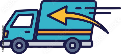 A cartoon illustration of a fast moving delivery truck with an arrow