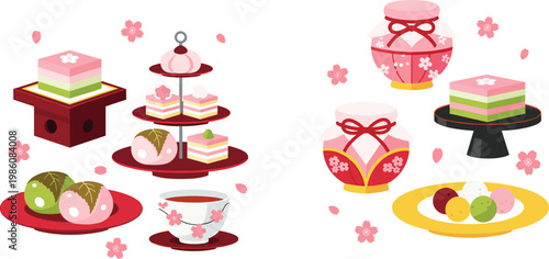 Japanese Traditional Sweets Set Illustration with Wagashi Mochi Cakes and Tea Elements for Cultural Dessert Menu and Festive Food Design Collection
