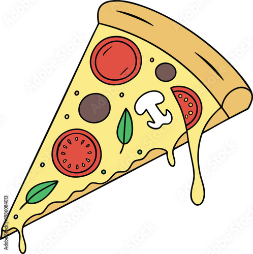 Hand drawn pizza slice vector illustration, cheesy pepperoni pizza with mushrooms and tomatoes, flat cartoon fast food icon for restaurant menus