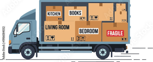 A moving truck filled with labeled boxes for relocation