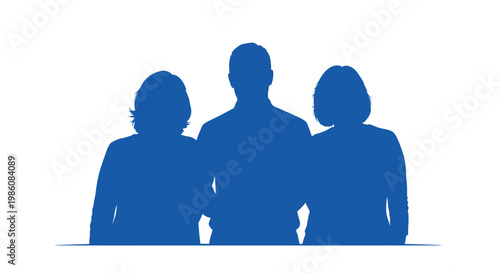 Blue silhouettes of three people standing together as a group