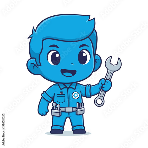Cartoon blue mechanic boy character.
