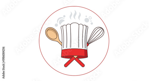 Chef hat with kitchen utensils.