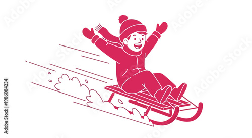 Child Riding Sled Downhill Winter Fun.