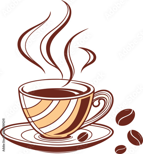 Vintage coffee cup vector illustration with steam, brown espresso mug on saucer with coffee beans, retro cafe logo element for menu design
