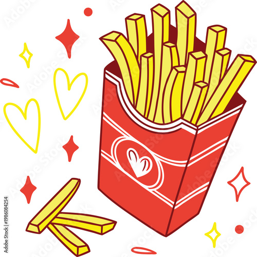 Retro cartoon french fries in red paper box, vintage fast food vector illustration, salty potato snacks with heart and sparkle icons