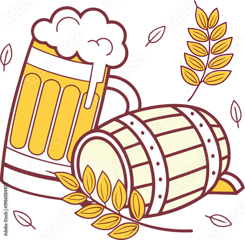 Craft beer mug with foam and wooden barrel vector, brewery illustration with wheat stalks, pub and bar menu graphic design elements