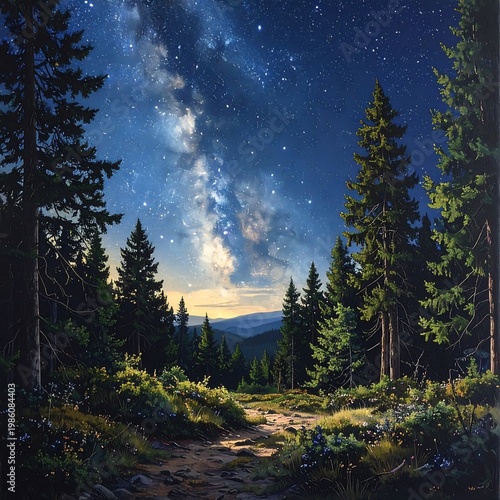 A serene forest path under a starry night sky with trees