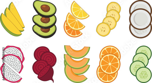 Fresh Fruit Slice Vector Set with Mango, Avocado, Citrus, Banana, Coconut, Dragon Fruit, Beetroot, Melon, and Cucumber for Healthy Food Design