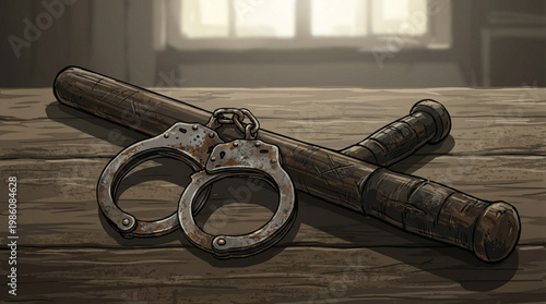 Police nightstick and handcuffs on a wooden table