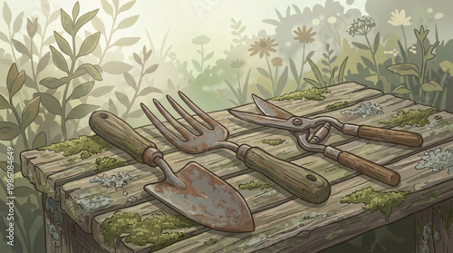 Gardening tools on a wooden table.