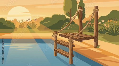 Brown wooden swing chair by pool.