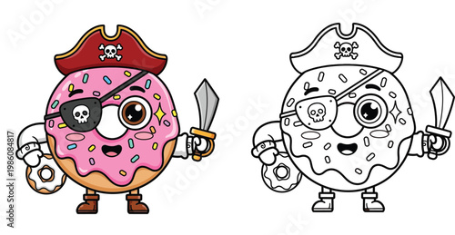 Cute Pirate Donut Character Vector Illustration and Coloring Page Outline for Kids Education and Activity Book