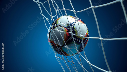 Soccer Ball in Goal Net. 3D Rendering on Blue Background
