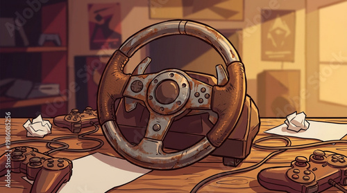 Gaming steering wheel for racing simulator on a desk with controllers