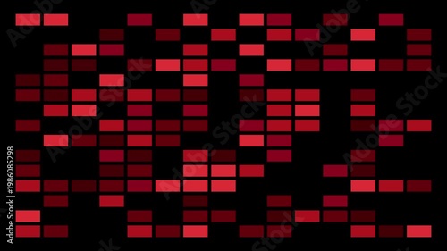 Retro game-like multi-shade red blocks randomly appearing and disappearing on a black background, ideal for abstract motion graphics, dramatic visuals, and bold design projects.