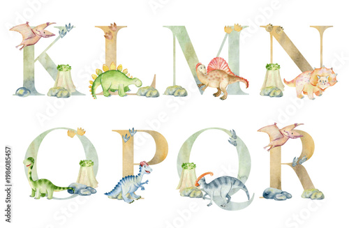 Vector watercolor dinosaurs letters for invitation card, nursery poster and other.