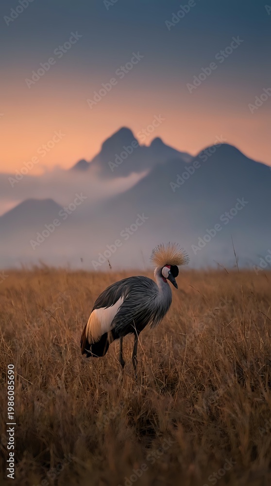 Obraz premium Crowned crane standing in golden grassland at sunset with misty mountains in background creating serene African wildlife scene for nature photography.