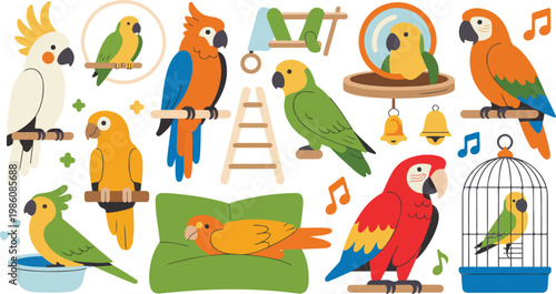 Colorful parrots and bird accessories flat cartoon vector illustration pet birds macaw cockatoo cage perch playful set isolated on white background