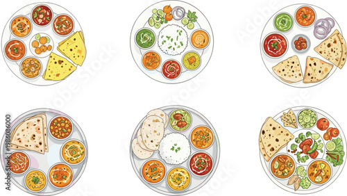 Indian Thali Meal Plate Illustration Set with Various Curry Dishes Rice Chapati and Side Items for Traditional Cuisine Menu and Restaurant Food Design Collection
