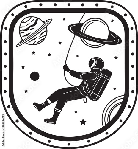 Space tourist floating near spacecraft window silhouette vector