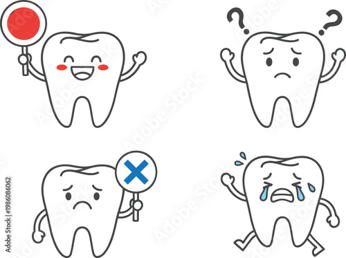 Cute Tooth Cartoon Character Set with Different Dental Expressions Including Happy Sad Confused and Crying for Oral Health Illustration and Dentist Mascot Design Collection