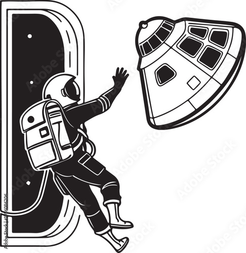 Space tourist floating near spacecraft window silhouette vector