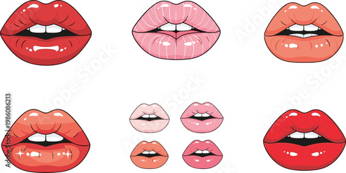 Glossy Lips Makeup Illustration Set with Different Lip Shapes Colors and Shine Effects for Beauty Cosmetic Design and Fashion Collection