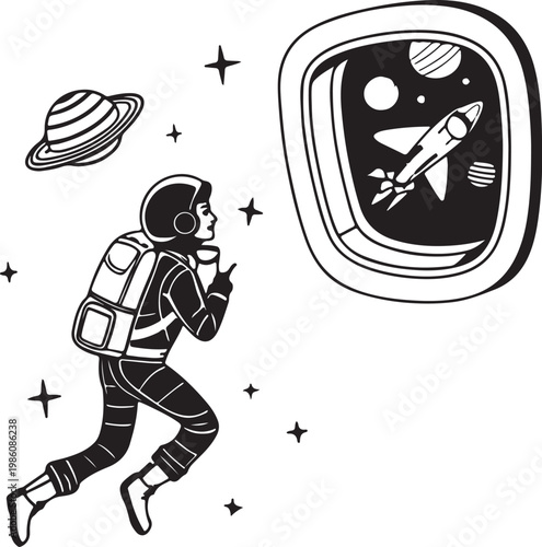 Space tourist floating near spacecraft window silhouette vector