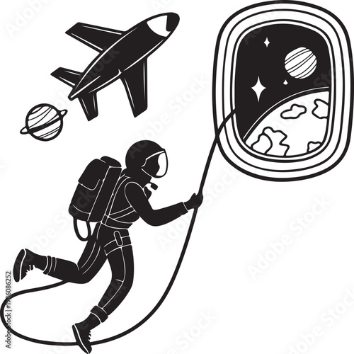 Space tourist floating near spacecraft window silhouette vector
