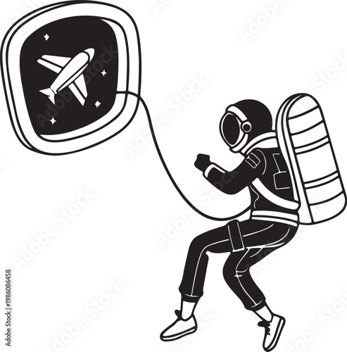 Space tourist floating near spacecraft window silhouette vector